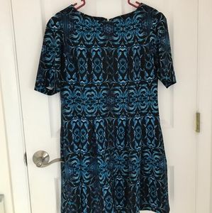 Blue teal black print shirt sleeve dress